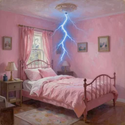 classic oil painting, wide shot of blue lightning striking the inside of a pink bedroom, as a book cover illustration, desaturated, cottagecore, intricately detailed, comfy, readability, concept art, sharp focus, art by brothers hildebrandt