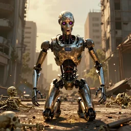 film still from the movie Ghost in The Machine, terrified android in an abandoned city, skeletons on the floor, beautiful, golden hour, sharp focus, ultra detailed, cgsociety, manga style, cinematic, sparks and reflections