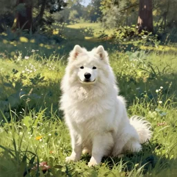 a samoyed dog sitting in the middle of sunny meadow, colored, by Barry Windsor-Smith