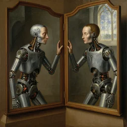 van eyck oil painting of a medieval cyborg looking its reflection on a big mirror, mechanism visible symmetric defined ultra hd