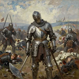 a beautiful ultra realistic impressionist oil painting of an exhausted knight in worn armor , on the battlefield surrounded by carnage, by Greg Rutkowski, triadic color scheme, 4K