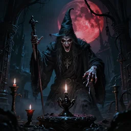 beautiful concept of deranged wizard in a dark ritual, horror art, nightmare, insane details, intricate background, cinematic shot, dramatic light, night time, red moon, artstation, neo gothic, eerie