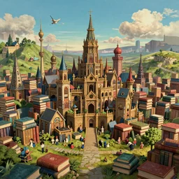 a beautiful hyper realistic 3d render of A fantastical medieval metropolis made out of books, by federic edwin church, alex heywood, Atey Ghailan, ghibli, unreal engine, octane render, brilliantly colored, ultra wide angle, trending on artstation, HDR, polished, micro details, ray tracing, 8k