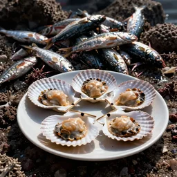 scallops on a plate, on a pile of dead fish and broken reef