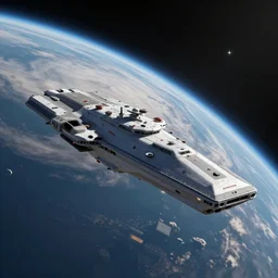 a highly detailed elite dangerous fleet carrier flying by a beautiful planet, 4 k, octane render, ray - traced, photorealistic, nasa photography