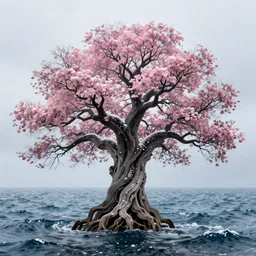 a beautiful ancient tree in the middle of the great ocean + old gray wood + pink leaves + falling snow + overcast winter + no background + elegant form + artstation, cgsociety, ultra HD, 4k, 8k, concept art