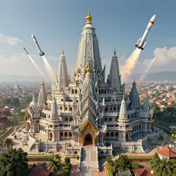 a beautiful and highly detailed digital nepali architecture, rockets flying in the background, entire city in view, intricate details, epic scale, insanely complex, 8 k, sharp focus, hyper realism, fantasy landscape, psychedelic, by caspar friedrich