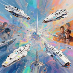 highly detailed holographic iridescent sci fi world with many different shades of blue pink orange yellow green, white speceships, by gilbert williams, by simon stalenhag, by beeple, by bruce pennington, by james jean, featured in juxtapoz, mixed media, dynamic composition, octane render