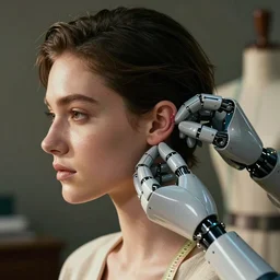 cinematic picture of a robot tailor measuring a human ear