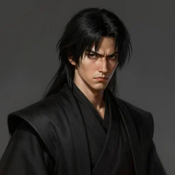 portrait of a man by greg rutkowski, dark jedi knight, mixture between japanese and russian features, messy black hair with bangs, very tall and slender, resentful expression, star wars expanded universe, he is about 2 0 years old, wearing black robes, digital painting, artstation, concept art, smooth, sharp foccus ilustration, artstation hq