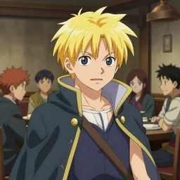 young blonde boy fantasy thief in a tavern surrounded by friends, full metal alchemist, anime style