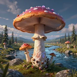 psychedelic mushroom kingdom, dmt, landscape, river, trending on artstation, detailed, realistic, photo
