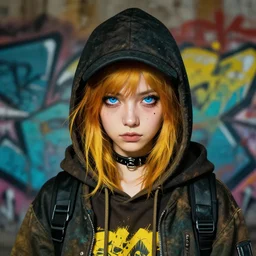 highly detailed portrait of a sewerpunk young adult lady, blue eyes, hoody, hat, ginger hair by atey ghailan, by greg rutkowski, by greg, tocchini, by james gilleard, by joe fenton, by kaethe butcher, gradient yellow, black, brown and cyan color scheme, grunge aesthetic!!! ( ( graffiti tag street background ) )