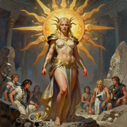 A mixed media painting of the beautiful blonde goddess of the sun posing, very aesthetic, curvy, detailed face, elven armor, by Frank Frazetta, Greg Rutkowski, Boris Vallejo, Beeple, Yoko Taro, Christian MacNevin, epic fantasy character art, goddess of anger, viking runes, high fantasy, CGsociety, full length, exquisite detail, post-processing, masterpiece, cinematic, odin's stone arena background