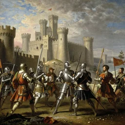A group of knights charging into a castle, Canaletto, high detail, cinematic, matte