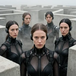 cinestill 5 0 d photographic portrait by helen levitt of a group of android women wearing rugged black mesh techwear in a cement maze, extreme closeup, modern cyberpunk, minimalism, dust storm, 8 k, hd, high resolution, 3 5 mm, f / 3 2, ultra realistic faces, intricate detail, ex machina