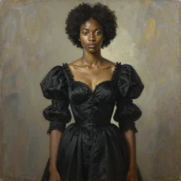 a painting of a woman wearing a black dress, a portrait by kadir nelson, trending on cgsociety, afrofuturism, hyper realism, detailed painting, rococo