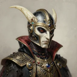 painted portrait of vampire wearing helmet made from ivory and intricate decorated with ornaments in unknown fantasy art style, upper body shot, fantasy intricate elegant extremely detailed digital painting trending artstation concept art sharp focus illustration art by gustave courbet greg rutkowski craig mullins