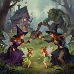 digital painting of witches battling fairies, a troll bulldozing a fairy house in the background, trending on artstation