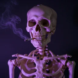 a skeleton with a cigarette in mouth, soft purple glow, 8k, film still, alexa 65