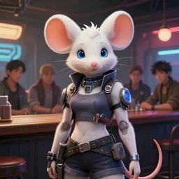 beautiful portrait of a female anthropomorphic albino mouse fursona wearing cyberpunk clothes in a cyberpunk bar. character design by disney, charlie bowater, ross tran, artgerm, and makoto shinkai, detailed, soft lighting, rendered in octane
