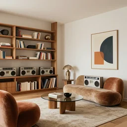 retro futuristic apartment, 7 0 s hi fi system, bookshelves, funky furniture, modern art, wabi sabi