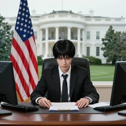 a person cosplaying griffith from berserk by kentaro miura sitting at white house desk with american flag at his side