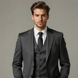 handsome serious man in a three - piece suit, hyper realism, digital painting, high quality, detailed portrait