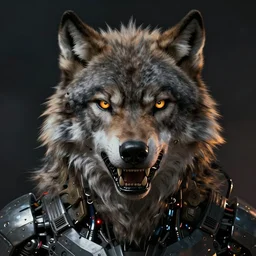 a beautiful portrait of a cyborg angry wolf made of mech mask rendered in unreal engine, cyberpunk, dark scifi, painted by david burliuk, bernard buffet and carne griffiths