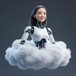 quantum cloud, photorealistic happy female cyborg