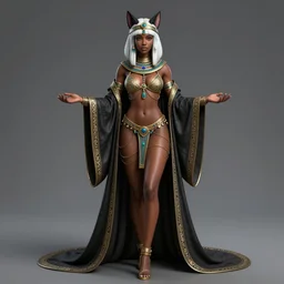 full length complex 3 d hyper realistic smooth ultra sharp render of a gorgeous light skinned african woman with white hair | bikini, chains, robes | demoness, succubus, witch, egyptian goddess, neko, cat ears | medieval, fantasy, d & d, unholy | intricate, highly detailed, octane render, photorealistic, cinematic, rim lighting | art by 吵 集 仁 儿 on artstation + oh jinwook + sakimichan