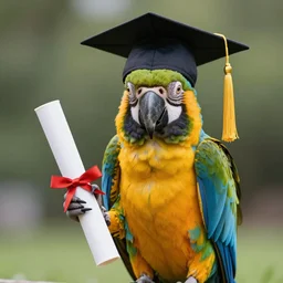 photograph of a parrot wearing a graduation cap holding a diploma, photorealistic