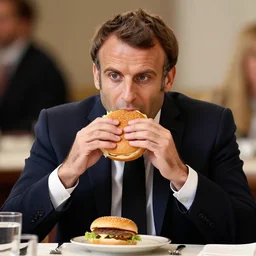 incredibly fat macron, eating a burger alone