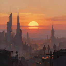 sunset over a post apocalyptic city, fantasy, abstract, elegant, dramatic lighting, digital painting, artstation, concept art, smooth, illustration, art by john collier and albert aublet and krenz cushart and artem demura and alphonse mucha