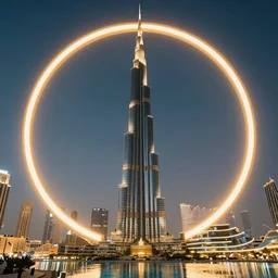burj khalifa surrounded by a giant glowing ring!!! in a new concept design in a scenic environment, trending on artstation, concept art, sharp focus, illustration