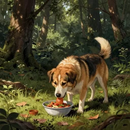 un perro en el bosque comiendo en un cuenco, estilo dibujo