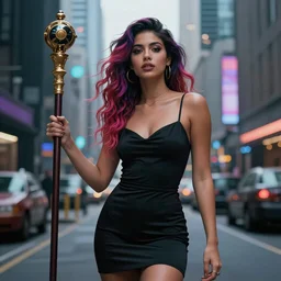 a gorgeous latin woman with colorful hairs, holding a staff, cyberpunk city street, illustration, cinematic color grading, hyperrealism, elegant, octane render, 8 k, by charlie bowater