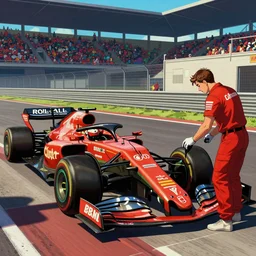 formula one mechanic works on car, comic, wide shot, gta style by patrick brown