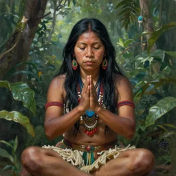 a beautiful portrait of an amazonian shaman healer sitting in the jungle, doing a prayer, ayahuasca, high detail painting, fantasy art, highly detailed, realistic face