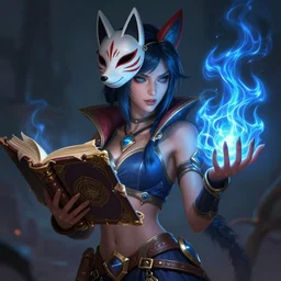 gorgeous!!! hyper - realstic sorceress resembling ahri from league of legends with a kitsune mask, holding a tattered magical book, casting a flame spell, blue flames | drawn by wlop, drawn by jeehyung lee, drawn by artgerm | fantasy, dark, intricate, highly detailed, digital painting, character design, concept art, illustration, artstation