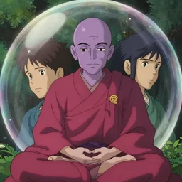 a film still portrait of a mauve old monk meditating inside a bubble outside. finely detailed features, closeup at the faces, chronenberg, perfect art, grimdark, trending on pixiv fanbox, painted by studio ghibli