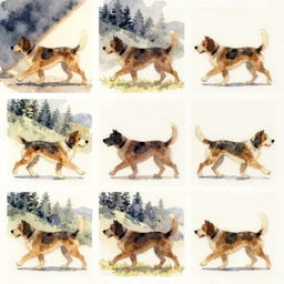 dog, side view, animation sheet, walk cycle, video game sprite, water color, illustration, by beatrix potter and richard williams