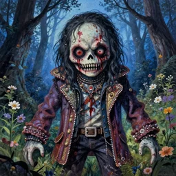a pretty but sinister and creepy monster in layers of fear decoupage, with haunted eyes, wearing punk clothing, violence in his eyes, 1 9 7 0 s, seventies, delicate embellishments, a little blood, woodland, blue dawn light shining on wildflowers, painterly, offset printing technique, rankings pixiv, by tooth wu
