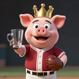 pig baseball outfit wearing a gold crown as a Muppet holding an empty glass cup 8k