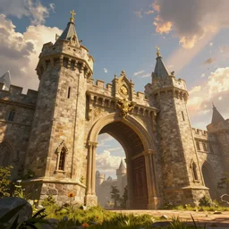 an imposing and highly fantasy gate to castle, cinematic view, epic sky, detailed, concept art, low angle, high detail, warm lighting, volumetric, godrays, vivid, beautiful, trending on artstation, by jordan grimmer, huge scene, grass, art greg rutkowski