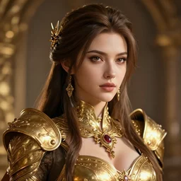 professional digital art of a hyper realistic and highly detailed beautiful woman in a beautiful complexe and sexy golden armor. girl's face is hyper realistic and highly detailed. head and shoulders view greg rutkowski, zabrocki, karlkka, jayison devadas, intricate, trending on artstation, 8 k, unreal engine 5, pincushion lens effect