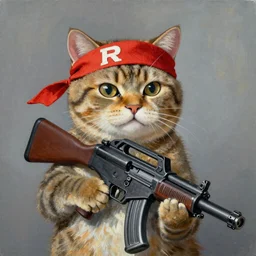 cat holding bazooka with rambo headband painting