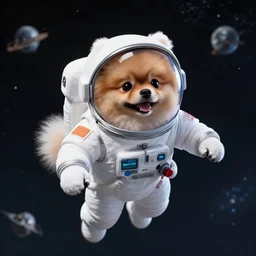 Pomeranian in a spacesuit, floating through space
