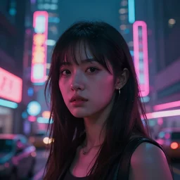 film still of a girl, head and shoulder shot, cyberpunk city, beautiful cityscape background, neon signs, vibrant colors, wallpaper, top rated on artstation, 4k