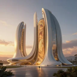 exterior shot of utopian architecture building with cinematic lighting by zaha hadid and renzo piano, darek zabrocki and greg ruthkowski, alphonse mucha, simon stalenhag, cinematic, beautiful, holy place, paradise, scifi, futurism, atmospheric, sunset, award winning, concept art, artstation, trending on artstation